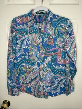 Lauren Ralph Lauren Colorful Paisley Button Down Shirt 100% Cotton Size M